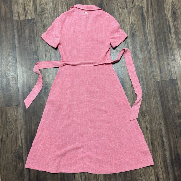Anne Klein Pink Belted Midi Dress Button Front Short Sleeve Vintage Size 4 - Picture 7 of 15